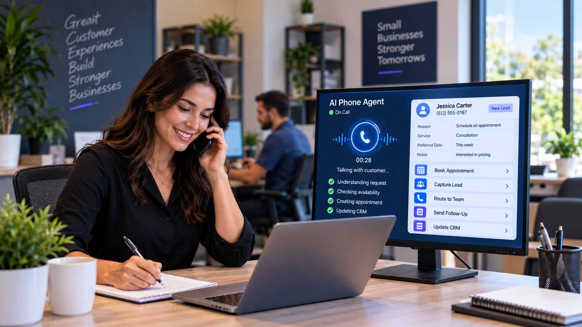 AI phone agent helping a small business schedule appointments, capture leads, route calls, and update CRM records