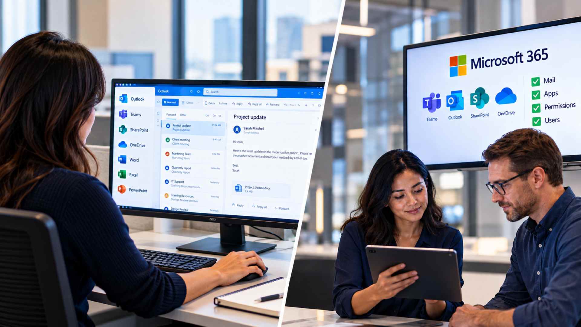 Small business employees using Microsoft 365 services including Outlook, Teams, SharePoint, and OneDrive after migration