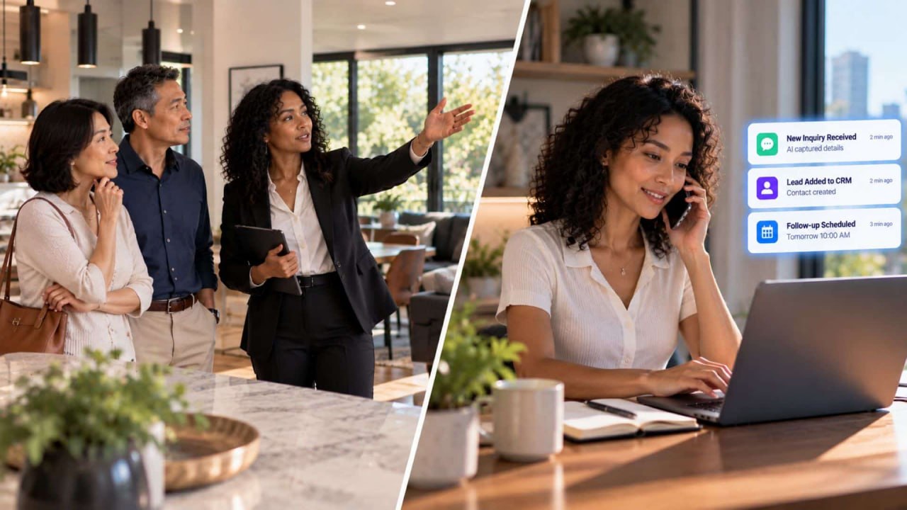 Real estate agent using CRM automation to capture an inquiry, update a lead record, and schedule follow-up