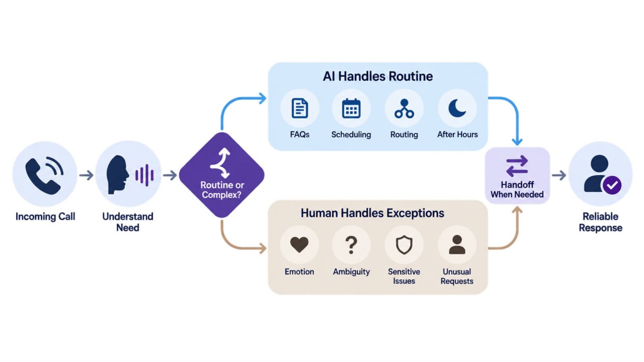 AI receptionist handles routine calls while human staff handle emotional, sensitive, ambiguous, and unusual requests