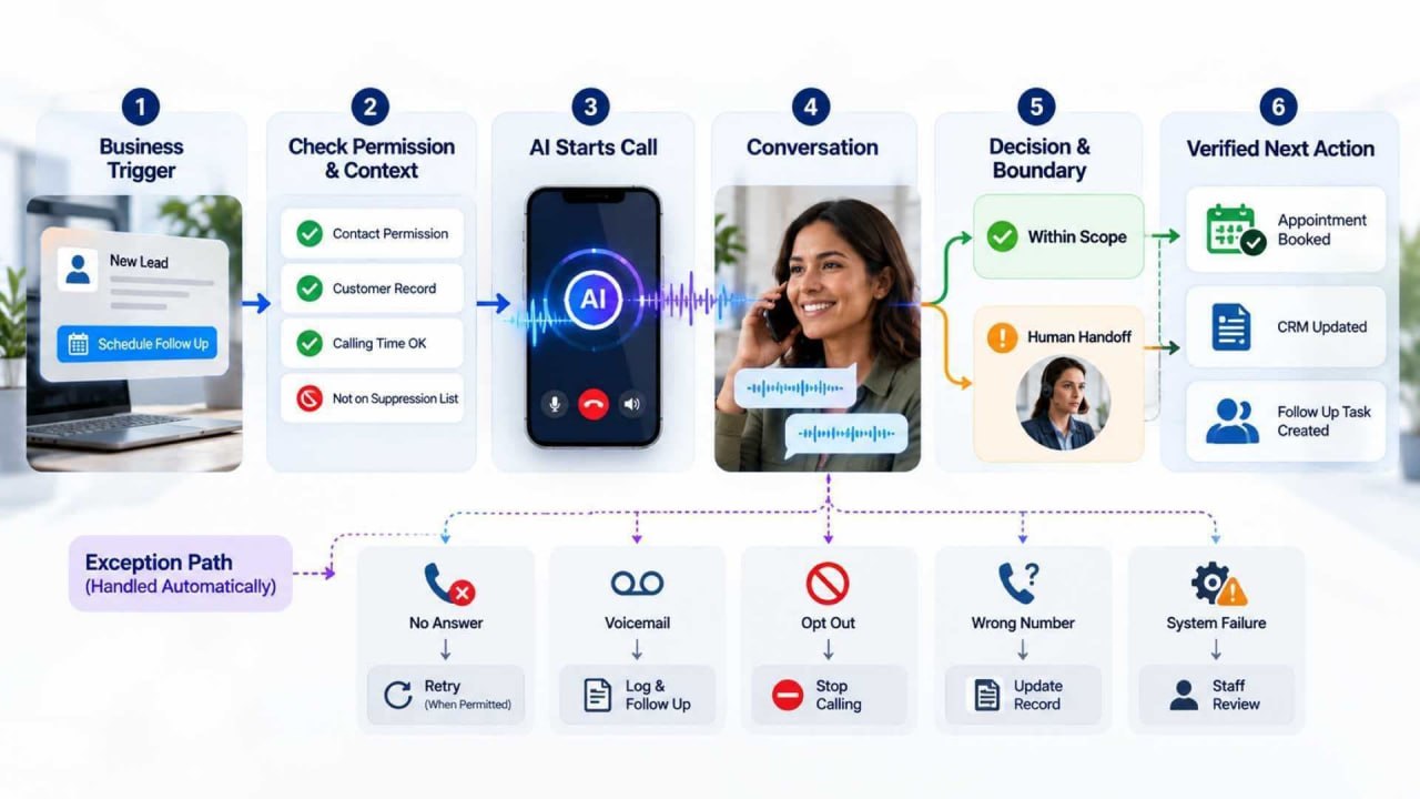 AI outbound calling workflow from business trigger and permission checks to conversation, human handoff, and verified next action
