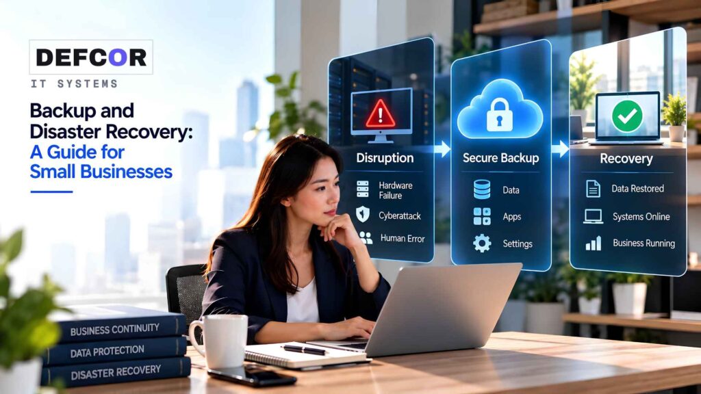 Backup and disaster recovery for small businesses from disruption through secure backup to restored business operations