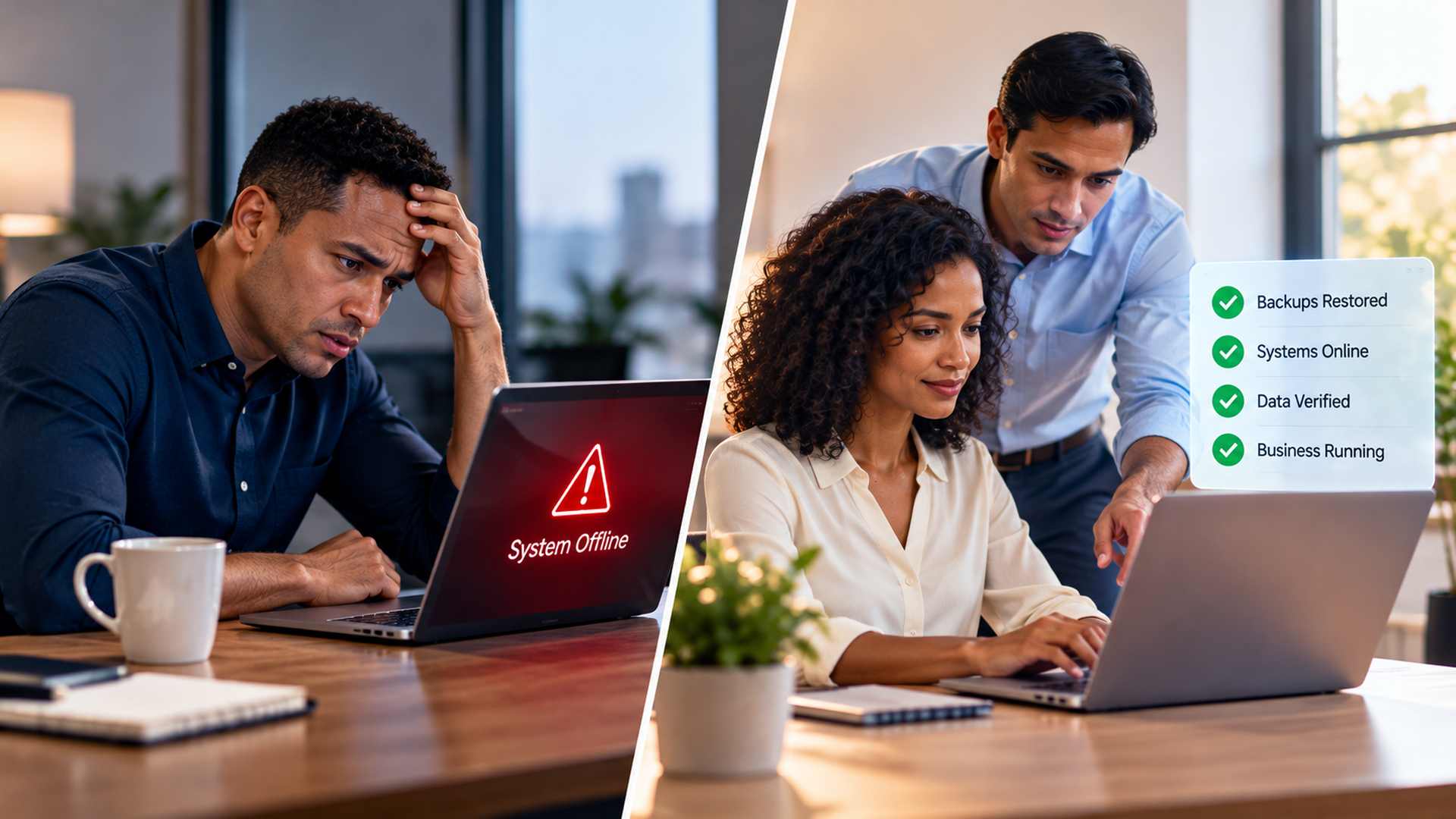 Small business disaster recovery test showing an offline system restored with backups verified and business operations running