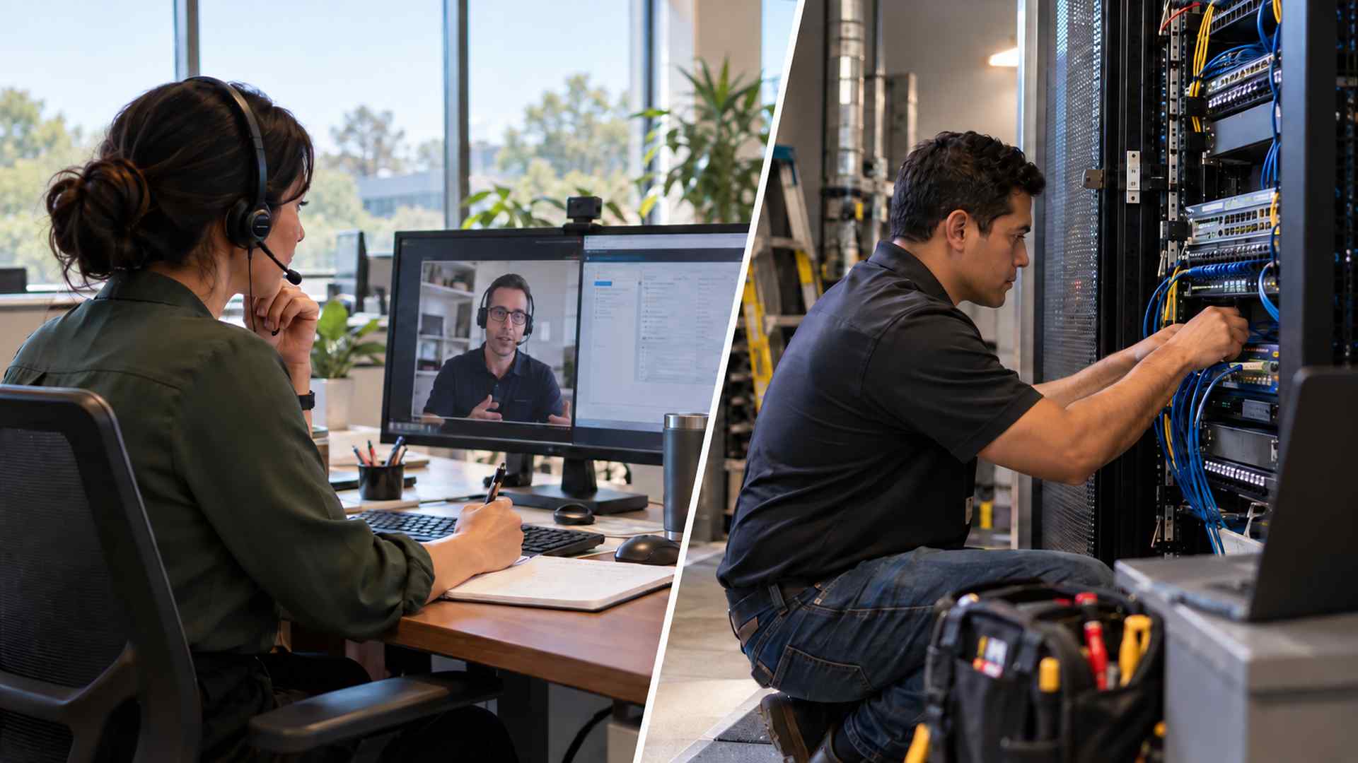 Remote IT support specialist and on-site technician working on business IT infrastructure